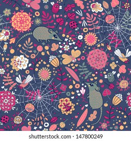 Life in the meadow. Seamless pattern with flowers, leaves, grass, mice, spiders, butterflies and other insects.