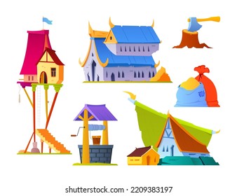 Life in a medieval village - flat design style objects set. High quality colorful images of buildings and architecture, a well, stocks of grain in bags and a stump with an axe. Landscape idea