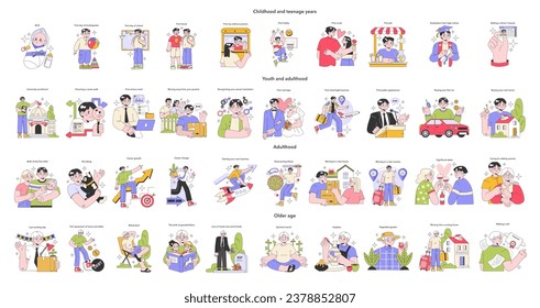 Life milestones big set. Getting old and maturing process. Human life experiences. School, university, getting a job and family, retirement. Flat vector illustration