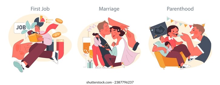 Life Milestones set. Young man celebrates first job, couple seals their love in marriage, parents joyfully nurture their child. Career start, romantic commitment, early parenthood. Flat vector.