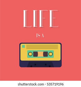 "life is a mixtape" quote. vector illustration of a retro cassette in bright colours on a red background. mixtape concept. eps 10