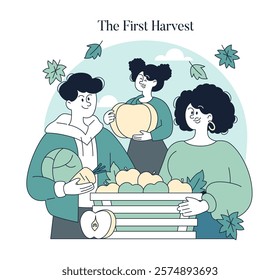 Life Moments concept. A joyous group of people celebrates the first harvest, sharing a bountiful yield of fruits. Community and agricultural abundance. Vector illustration.