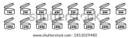 Life months of open cosmetics. PAO vector icons set. The period after opening the package. The shelf life of the product after opening the package.