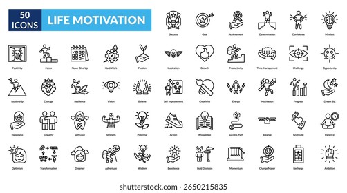 life motivation line icon set. Success, Goal, Achievement, Determination, Confidence, Mindset, Positivity