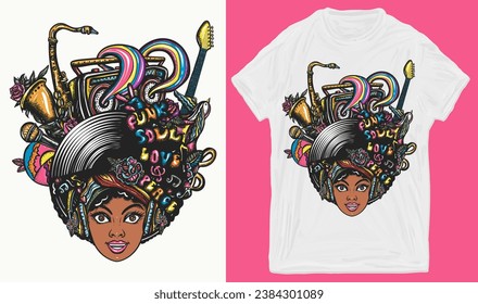 Life music. African American young funky woman. Hippie musical girl, saxophone, guitar and retro rainbow boom box. Creative print for clothes. T-shirt design. Template for posters, textiles, apparels