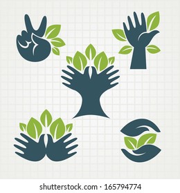 life n my hands, vector collection of ecological symbols and signs,human's hands and green growing plants