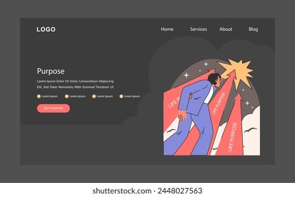 Life navigation dark or night mode web or landing. Personal progress and finding purpose in life. Character achieving goals and overcoming challenges. Flat vector illustration