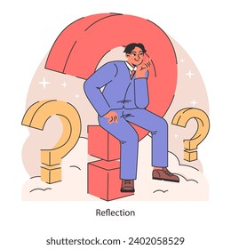 Life navigation. Pondering life's questions, gaining knowledge and experience. Thoughtful questioning man seeking answers and direction. Flat vector illustration.