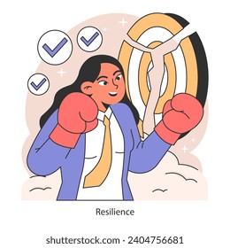 Life navigation. Resilient woman wearing boxing gloves. Mental or emotional strength, psychological grit. Strong determination to overcome adversities. Flat vector illustration.