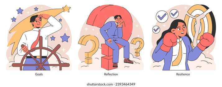 Life navigation set. Personal progress and finding purpose in life. Diverse characters achieving goals, embracing authenticity, and overcoming challenges. Flat vector illustration