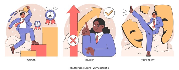Life navigation set. Personal progress and finding purpose in life. Diverse characters achieving goals, embracing authenticity, and overcoming challenges. Flat vector illustration