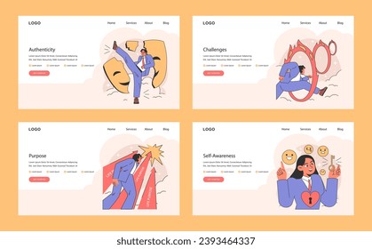 Life navigation web or landing set. Personal progress and finding purpose in life. Diverse characters achieving goals, embracing authenticity, and overcoming challenges. Flat vector illustration