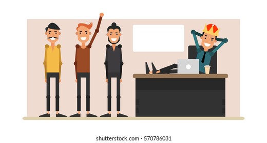 Life In The Office. Junior Staff In The Office Of The Director. The Boss In The Crown Resting On The Workplace. Vector Illustration.