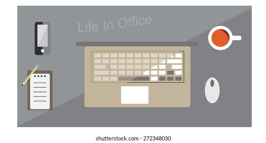 Life in office  set of desk in the office, vector design 