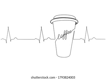 Life on coffee concept. One line Coffee cup with EKG wave, isolated stock vector illustration