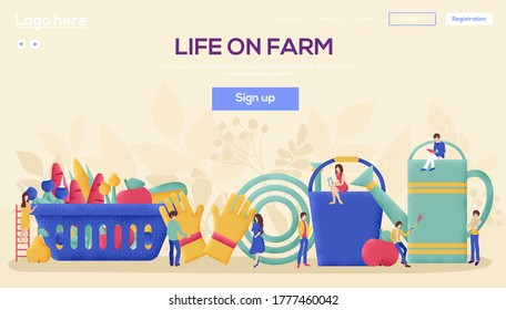Life on farm concept flyer, web banner, ui header, enter site. People character with items around farm equipment concept background. Grain texture and noise effect.