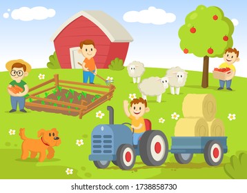 Life on a farm with field, trees, tractor, shed, and animals. Colorful flat vector illustration, isolated on white background.