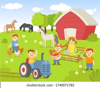 Life on a farm with field, trees, tractor, shed, and animals. Colorful flat vector illustration, isolated on white background.