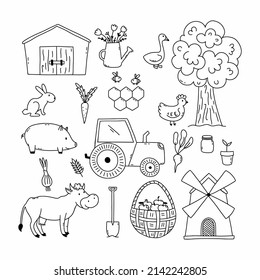 Life on farm. Set of elements in doodle style. Contour vector icon.