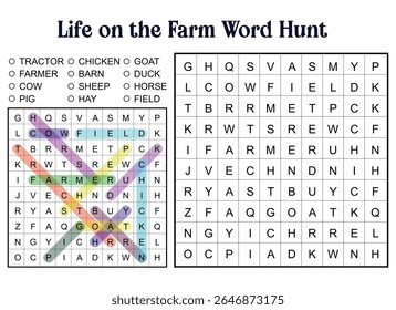 O enigma da Caça ao Verbo na Fazenda para crianças. Jogo educacional com palavras relacionadas à fazenda para encontrar em uma grade de cartas.