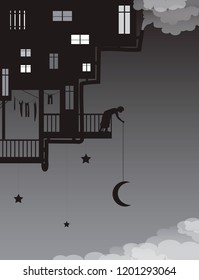 life on heavens, put the moon on the night sky, house on the sky with man putting the moon above the clouds, fairy characters, shadows, vector