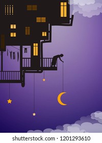 life on heavens, put the moon on the night sky, house on the sky with man putting the moon above the clouds, fairy characters, shadows, vector