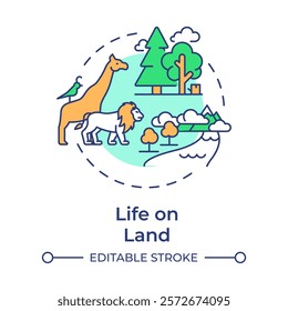 Life on land multi color concept icon. Forest animals, ecology. Mammals, wildlife. Round shape line illustration. Abstract idea. Graphic design. Easy to use in infographic, presentation