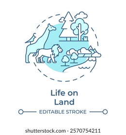 Life on land soft blue concept icon. Forest animals, ecology. Mammals, wildlife. Round shape line illustration. Abstract idea. Graphic design. Easy to use in infographic, presentation