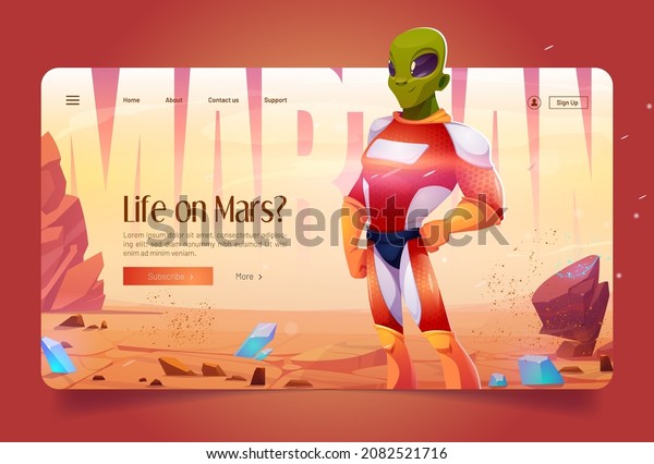 Life on Mars cartoon landing page. Martian alien\
wear superhero costume stand on red planet landscape.\
Extraterrestrial galaxy comer with green skin. Fantastic space\
character, Vector web\
banner