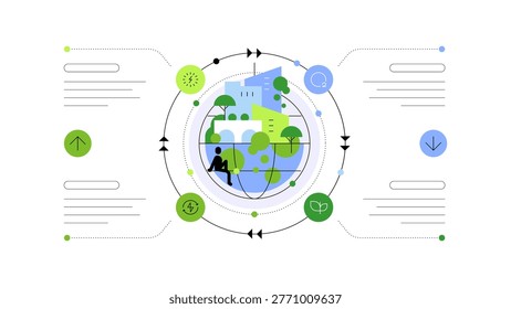 Life on planet Earth. Global ecosystem's processes. Ecology, environment and climate changes. Eco awareness. City greening and impact for human lives. Abstract scheme,infographics, presentation slide template. Flat graphics. Vector file.