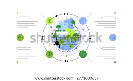 Life on planet Earth. Global ecosystem's processes. Ecology, environment and climate changes. Eco awareness. City greening and impact for human lives. Abstract scheme,infographics, presentation slide template. Flat graphics. Vector file.