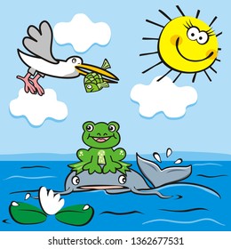 Life on a pond, fish, frog and bird, funny vector illustration