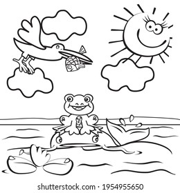 Life on a pond, fish, frog and bird, funny vector illustration, coloring book