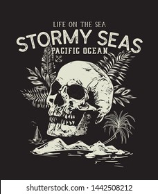 Life on the sea.Stormy seas.Pacific ocean.T-shirt print. Nautical marine, badge design.