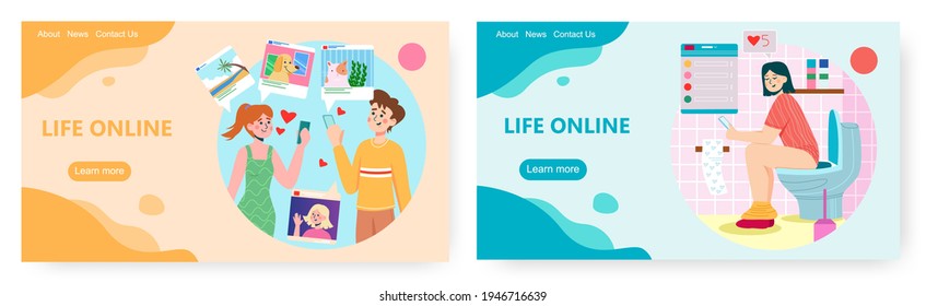 Life online, landing page design, website banner vector template set. Internet communication, social media addiction.