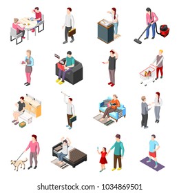 Life of ordinary people isometric icons set with men and women involved in daily routine work isolated vector illustration