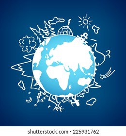 Life out of a civilization, the drawn images of the nature with scenes of hunting, fishing on the globe. Vector illustration