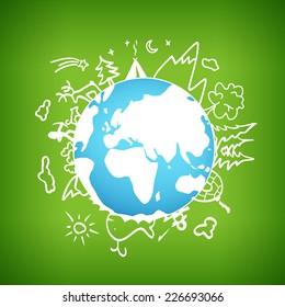Life out of a civilization, the drawn images of the nature with scenes of hunting, fishing on the globe. Vector illustration