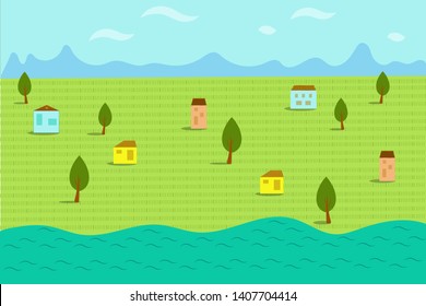 
life outside the city. Illustration with houses, trees, sea and mountains