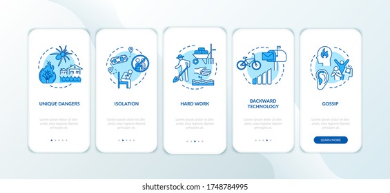 Life outside city onboarding mobile app page screen with concepts. Living conditions in countryside walkthrough 5 steps graphic instructions. UI vector template with RGB color illustrations