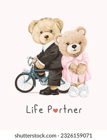 life partner slogan with lovely bear doll couple riding bicycle vector illustration 