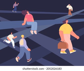 Life path. People going on their paths, single lifestyle. Different living ways metaphors, running man and sitting girl. Psychological utter vector concept