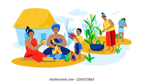 Life of peasants in the tribe - modern colored vector illustration on white background with family sitting by the campfire at lunch or dinner and people working in a corn plantation, harvesting