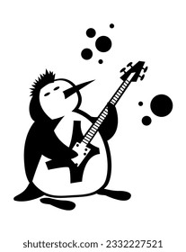 The life of penguins. Part for bass guitar. Penguin as a rock n roller. Comic character. Vector image for prints, poster and illustrations.