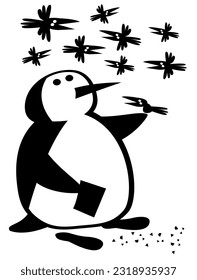 The life of penguins. Penguin feeds birds. Comic character.