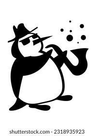 The life of penguins. Penguin jazzman plays a complex jazz composition on the saxophone. Comic character.