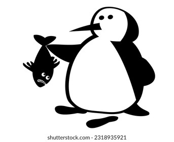 The life of penguins. The penguin ponders the fate of the fish he just caught. Comic character.