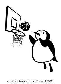 The life of penguins. Three-point shot. Penguin as a basketball star. Comic character. Vector image for prints, poster and illustrations.