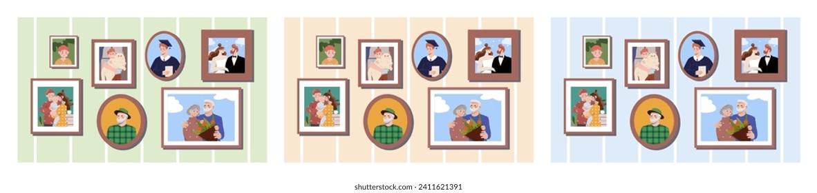 Fotos de la vida en la pared. Memorias y fotografías en marcos diferentes. Ciclos de vida y diferentes etapas. Graduación y boda. Colección vectorial plana de dibujos animados aislada en fondo blanco