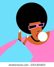 Life in pink. A girl in a pink suit with an afro haircut in pink glasses inflates gum. Pink life.